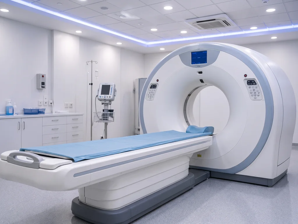 CT scanner room: the scanner ring with its patient table in front, a monitor on a stand and cabinets behind