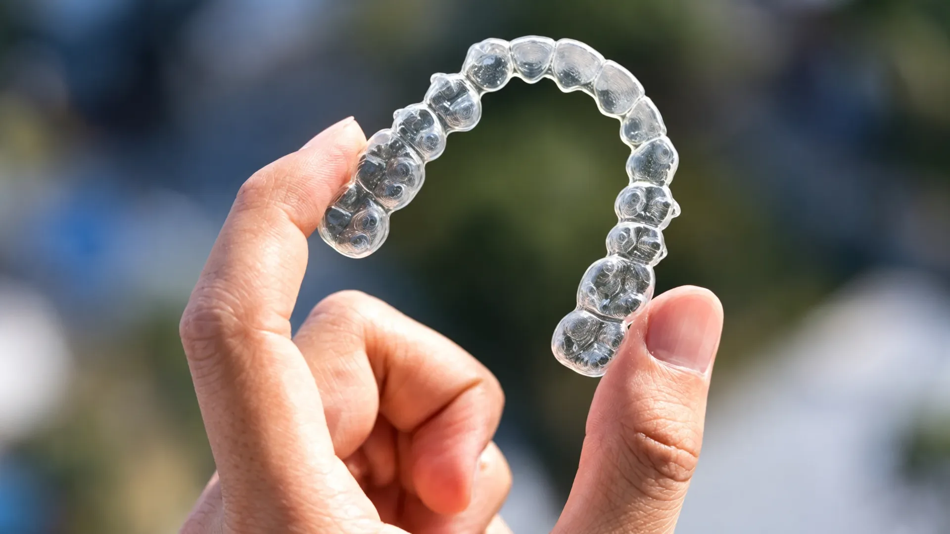 A clear aligner held between finger and thumb