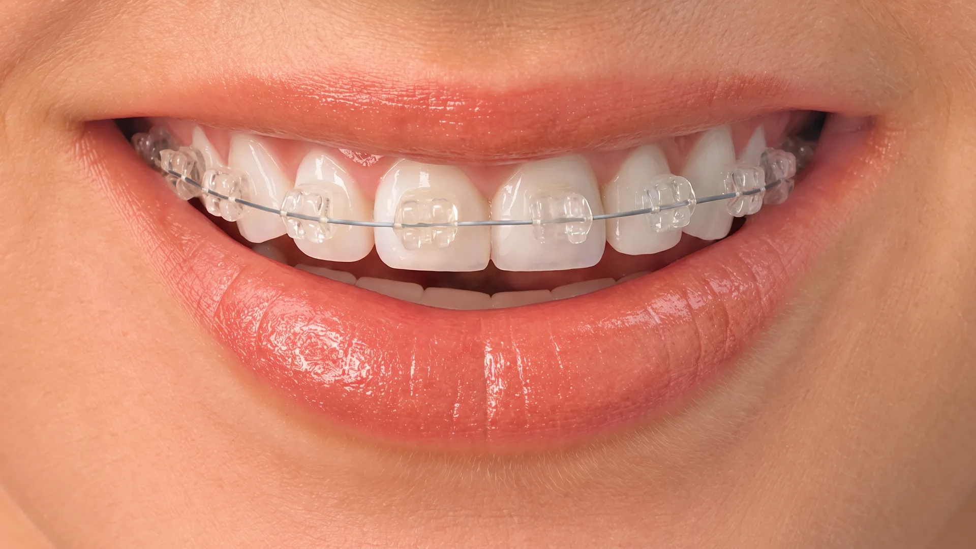 Ceramic braces on a smile, close up
